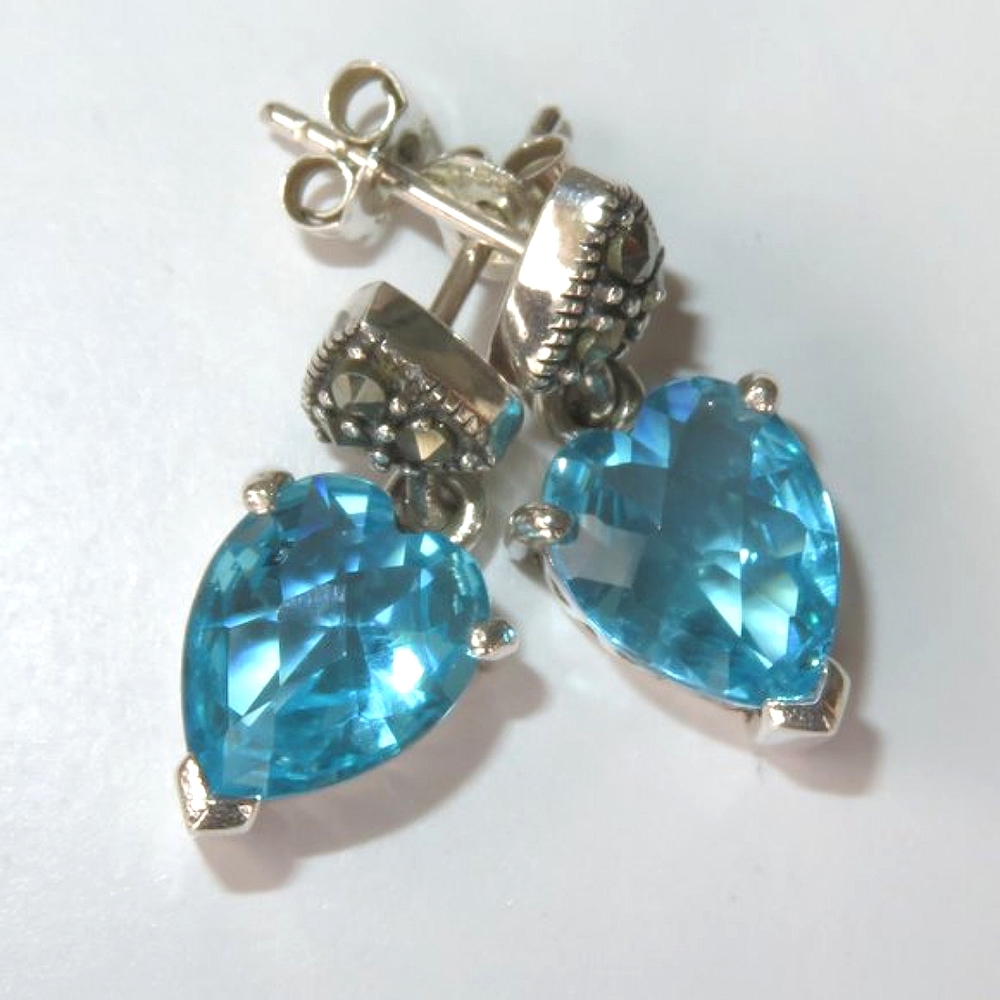 Heart Blue Topaz Sterling Silver Marcasites Post Back Earrings